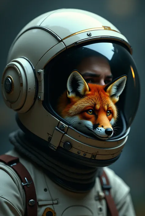 Cosmonaut head and on the helmet is the reflection of a fox 