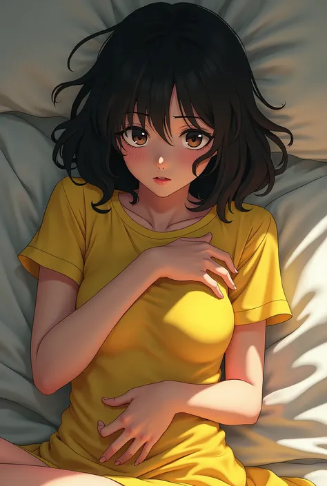 Sadayo Kawakami, gorgeous Character、external hand Breast Grab、she is Feeling embarrassed、looking at the camera asking for help with her eyes、Yellow long T-shirt