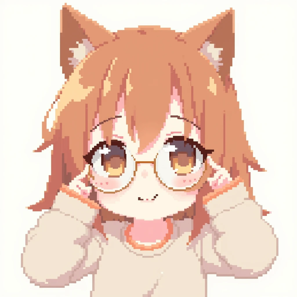 Anime pixel art style, female character, brown hair, brown eyes, wearing glasses, with cat ears, cute expression, blank background