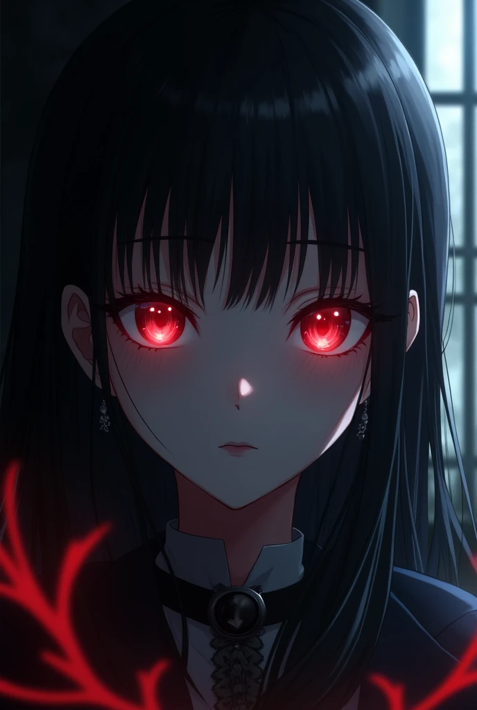 generate an anime style image of a female character with red eyes in the dark