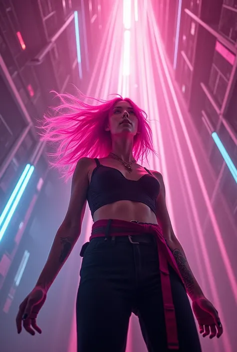 Cyberpunk, pink hair, futuristic, surreal, ultra-wide, wide-angle lens, looking up, dynamic movement, expressive, vibrant, sacred cinematic edges, laser hologram