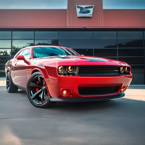 monstor red dodge challenger, black strips