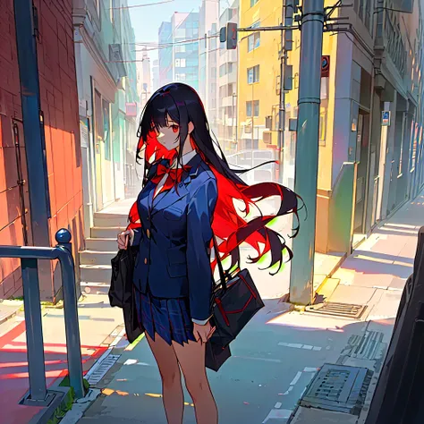 Straight long hair, navy blazer uniform, White shirt, Red bow tie, Checked skirt, Holding a black bag, Standing pose, Look to the side, Smooth Skin, Urban environment with buildings and parked cars, Natural light, Shadows falling on the sidewalk, Vibrant c...