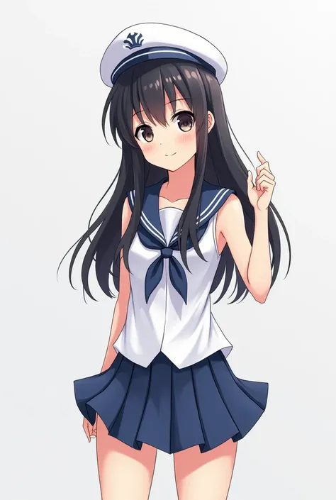 a 1 teenage anime girl in sleeveless navy colored sailor uniform, short navy skirt, exposed bare arms, long hair, outdoors, plain background. black hair. white sailors hat, navy uniform.

