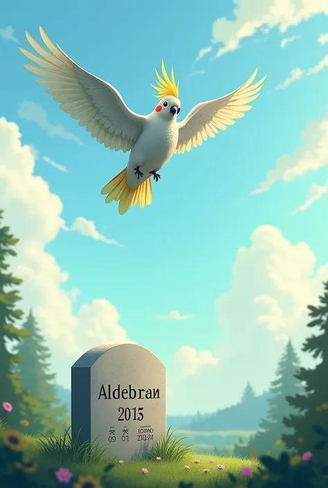 Create an image of a cockatiel going to the sky, with the name Aldebaran written on the small tomb and also the date 2013 and 05.09.2024