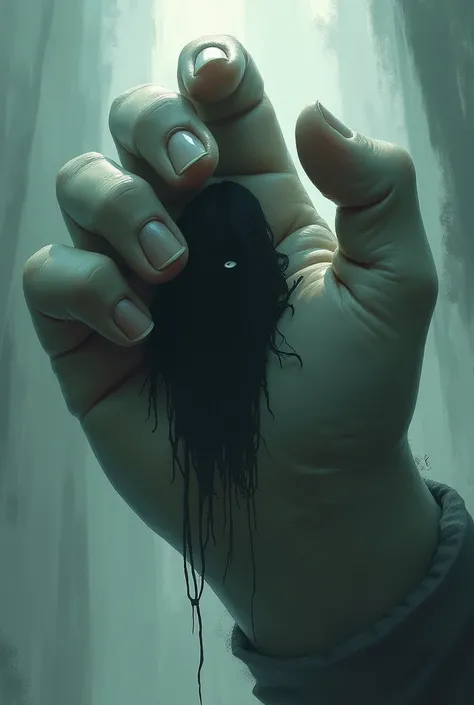 Dark character is held by a giant hand.
The hand is heroic and benign.
The dark character is trapped inside her.
The huge hand is clenched into a fist 