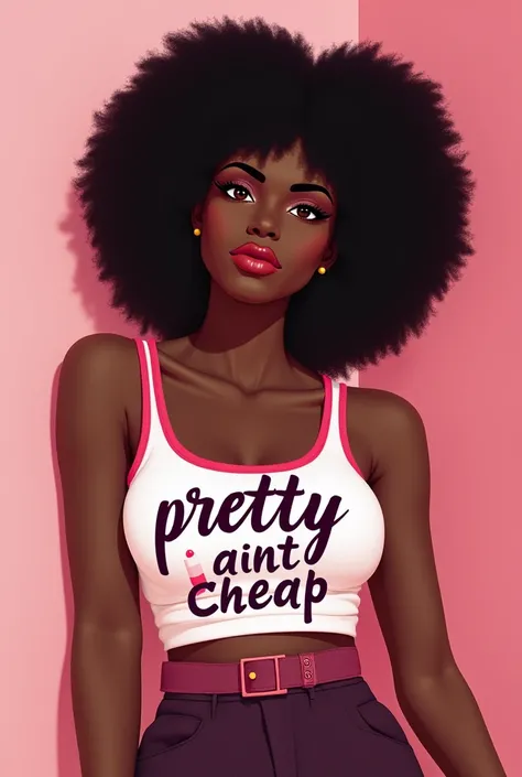 create a pink and white crop top singlet this statement written on it "Pretty ain’t cheap with a lipgloss logo drawing
With a tiny by pearl on the side, And I want gloss wearing it should be a black girl with Afro 