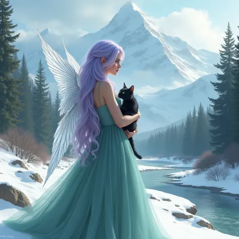 Light purple hair long curvy, big landscape,realistic elf crystal wings in back, holding black cat in hands, snow background, Forest in background, mounain in background, river in background, tea green A skirt dress, high detailed tulle skirt, full body, r...