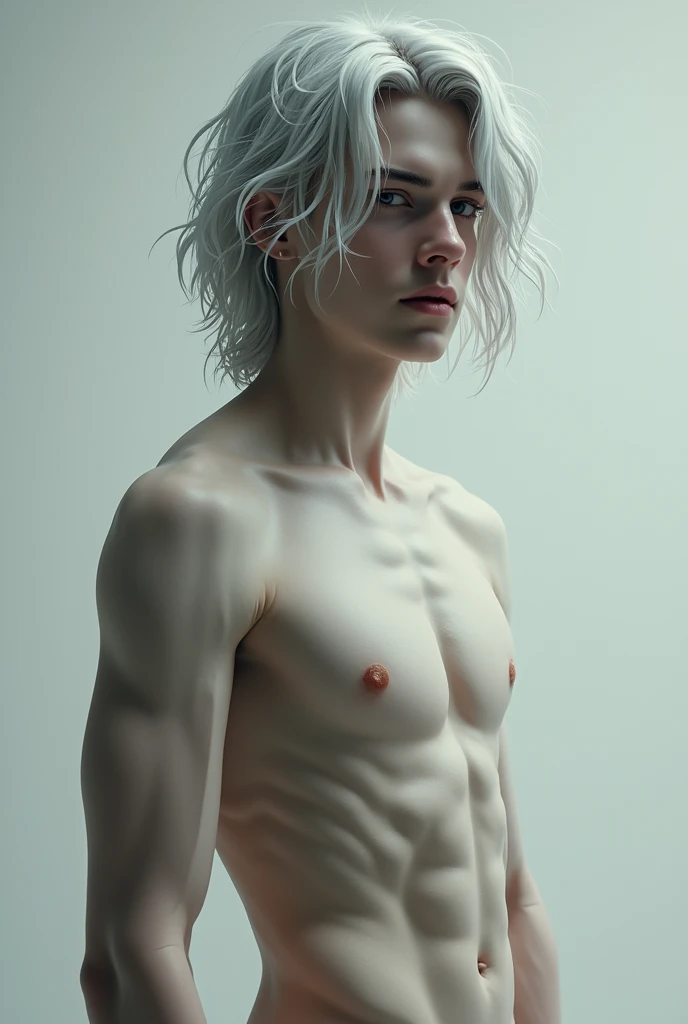 Create an image of a tall boy, handsome, silver hair, black eyes, White skin, slim but athletic body with a defined bare abdomen 