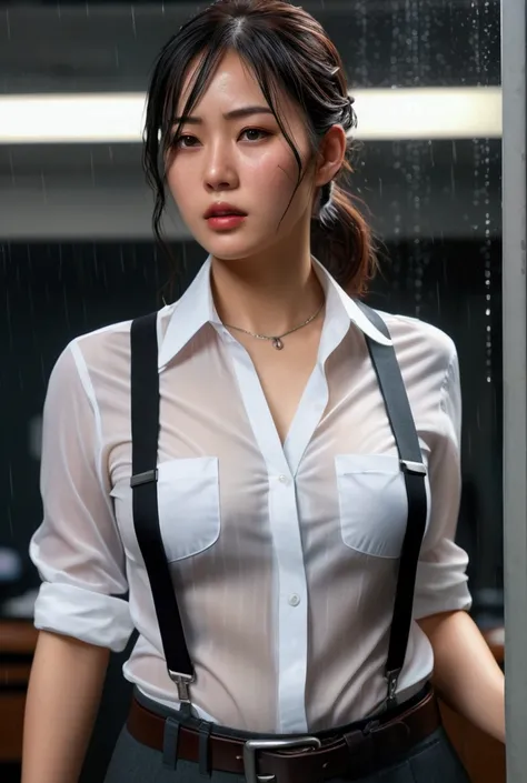 a woman in a suit, belt, hands behind back, sweating, suspenders, black pants, sexly, large breasts, see-through clothing, rain, detective, office worker, white button-up shirt, (best quality,4K,8k,highres,masterpiece:1.2),ultra-detailed,(realistic,photore...