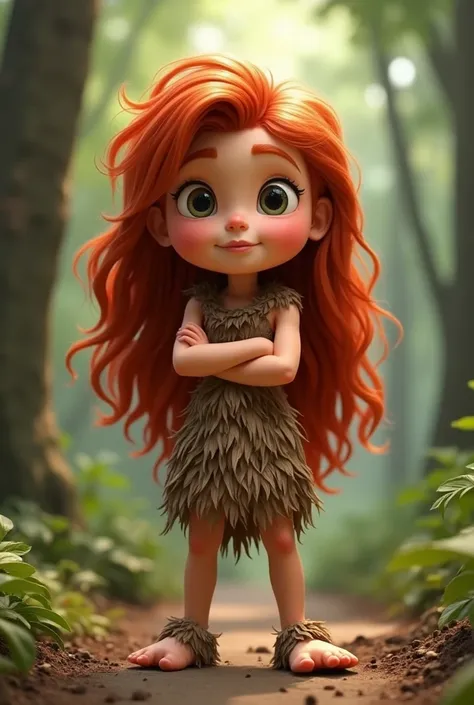 create a seven year old, long red hair, wearing an outfit that resembles a caveman with his arms crossed, at the forest. With the special characteristic of having feet facing backwards. Draw feet Pixar style