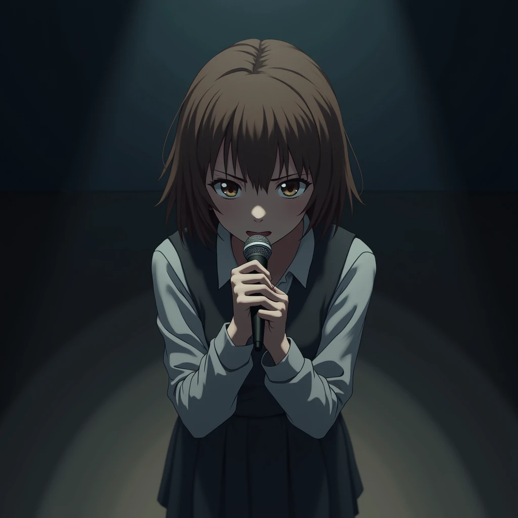 up view, A brown-haired adult girl with brown eyes sings solo on stage with a mic, silent with a shocked expression blank stare anime