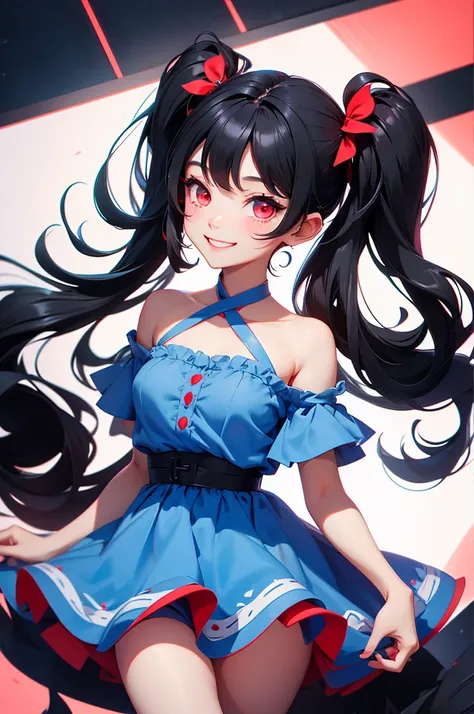 Black Hair　Twin tails　Red Eyes　smile　beautiful girl　Blue dress　