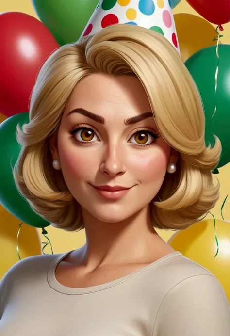 meme cartoon type of an Italian lady with a plump body and a bit fat, who is celebrating his birthday, Mom&#39;s name is Claudia, light brown eyes, happy, blonde, Oval face, short yellow hair, very side-swept hairstyle, atuendo casual de moda who is celebr...