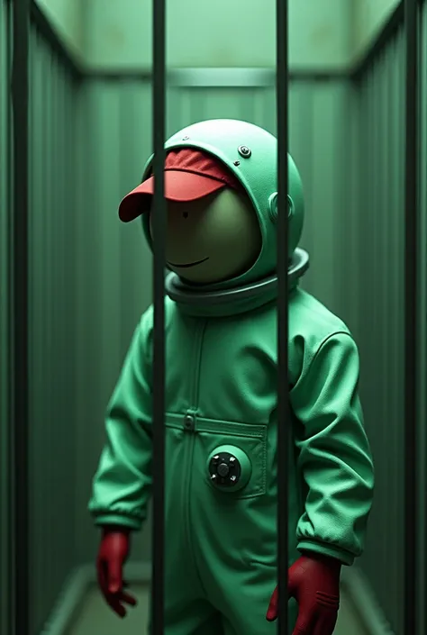 Astronaut with a light green helmet and no face and with a red cap and a light green color and with a body from the game among us and trapped in a cage