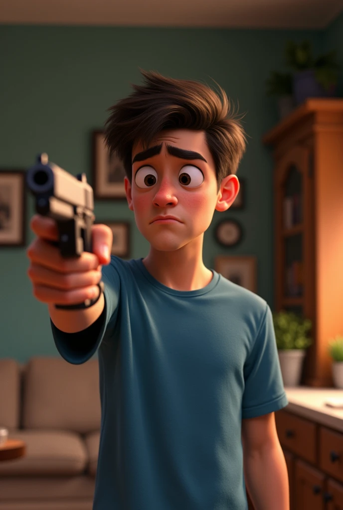 A pixar style of a young husband wearing blue t-shirt pointing a gun at himself at home