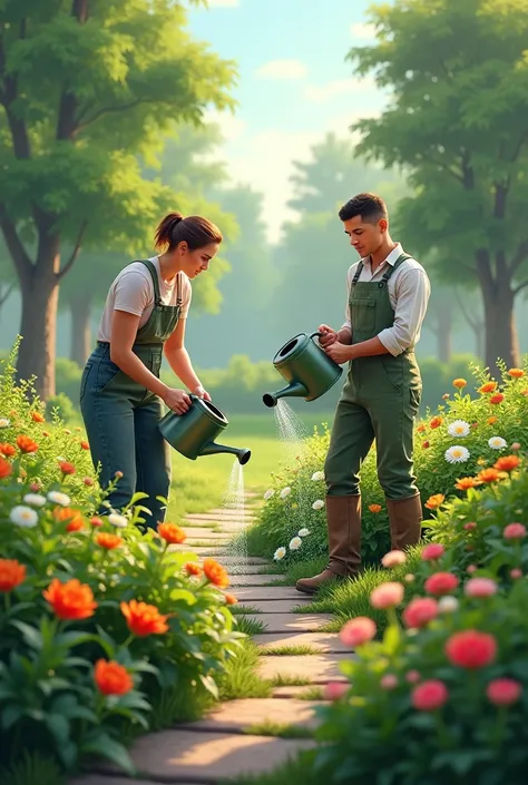 Gardeners watering plants
