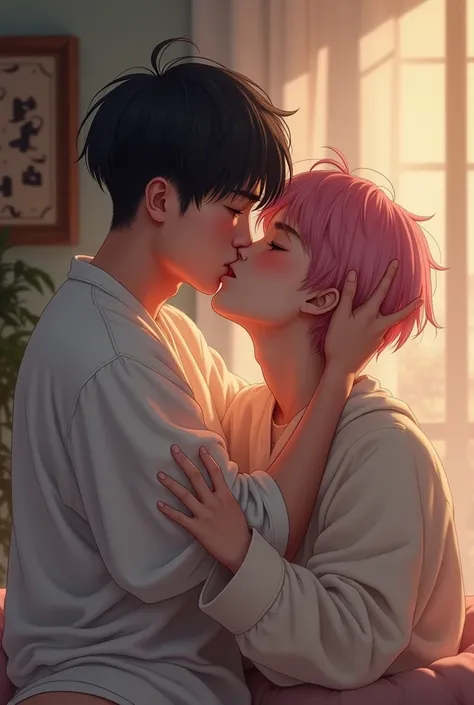 a 1 Korean boy with pink hair, gray eyes, fat body, kissing his boyfriend
