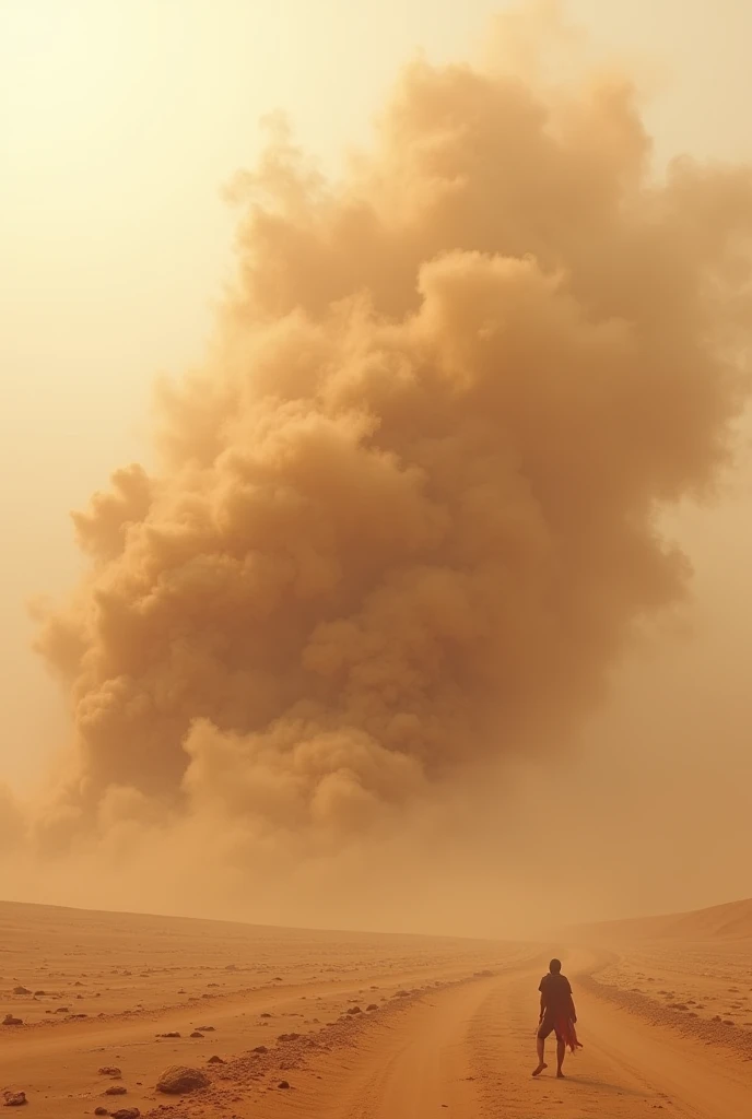  Illustrate a sandstorm forming and spreading, with fast-moving sand particles and a sense of chaos and impact. The image may include strong winds and a cloudy atmosphere.

