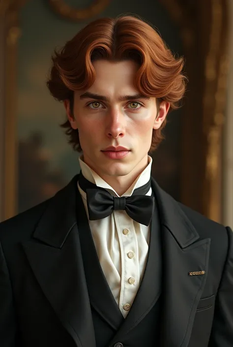  young man, from the end of the 19th century, auburn hair, at chin level,Honey-colored eyes, handsome, sweet-looking and very elegant like Archibald Corwel 