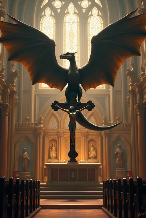 A pterodactyl on a cross, at the bottom of the altar of a catholic church.