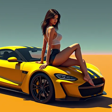  The Ford gt shelby whole car, super realistic quality, side view in a bright yellow, next to a girl dressed in a black leather miniskirt and white crop top outfit. The miniskirt is tight, enhancing the figure, while the top has a modern design with mesh o...