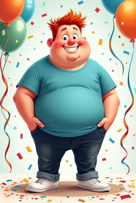 Image of a chubby redhead mature man with very short hair without a beard or mustache, some freckles on his face, wearing a blue t-shirt, black jeans, white sports shoes, celebration background, full body cartoon style image 