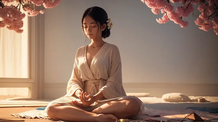 In a vast, dreamlike world with many flowering mango trees,  wearing loose clothes, she meditates under the morning sun. very detailed image. Feeling of calm and fullness. cinematic lighting