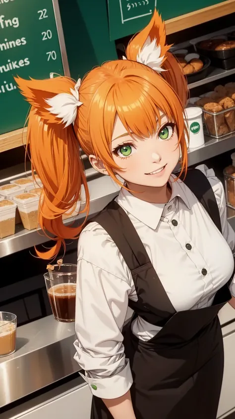 1girl in coffee shop,solo,happy face,teeth, green with white line waitress outfit, medium ,orange cat ears,light orange hair,mega twintails,green eyes,(((standing in a cafeteria))), hot coffee, cup on tray , from above, 