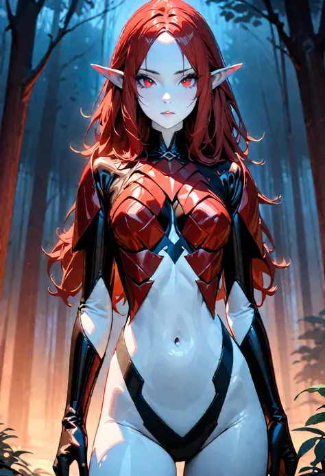 ultra detailed, 2d, 4k, (Best Quality, masterpiece), (Conceptual art:1.37), (elf woman, 1 woman), Red hair, White skin, Red eyes, (Elegant Rogue Armor, Dark leather armor, front), belt, feminine focus, Upper part of the body, fancy, From the month, evening...