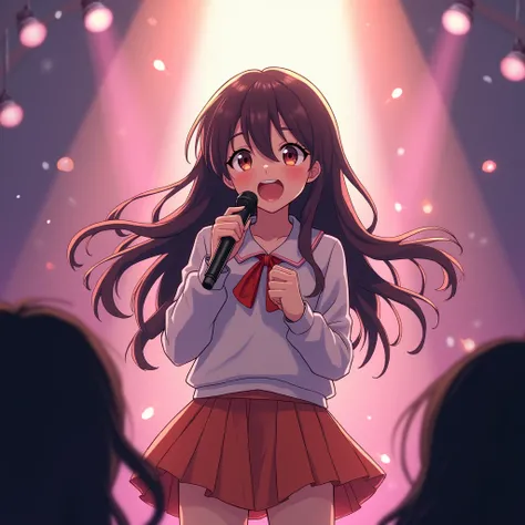 teenage girl singing on stage with mic and her beautiful voice, anime
