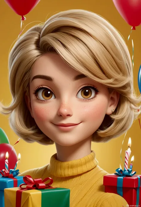 meme tpo cartoon of an Italian girl with a stuffed body, who is celebrating his birthday, Mom&#39;s name is Claudia, light brown eyes, happy, blonde, Oval face, yellow and very short hair, very side-swept hairstyle, atuendo casual de moda who is celebratin...