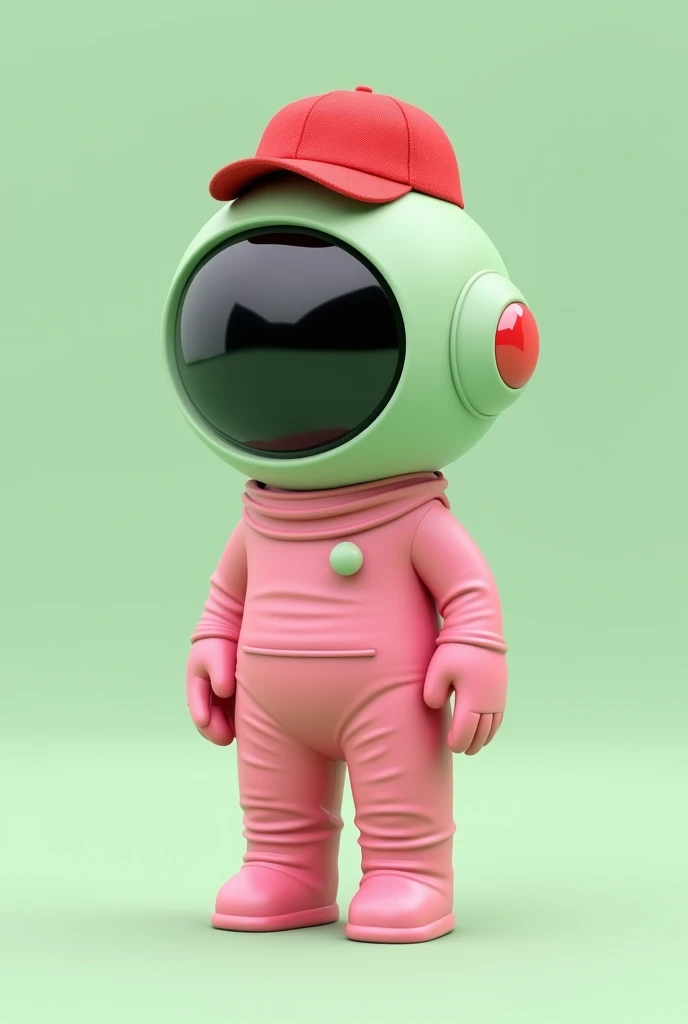 Astronaut with a light green helmet and no face and with a red cap and a light green color and with a body from the game among us and all pink