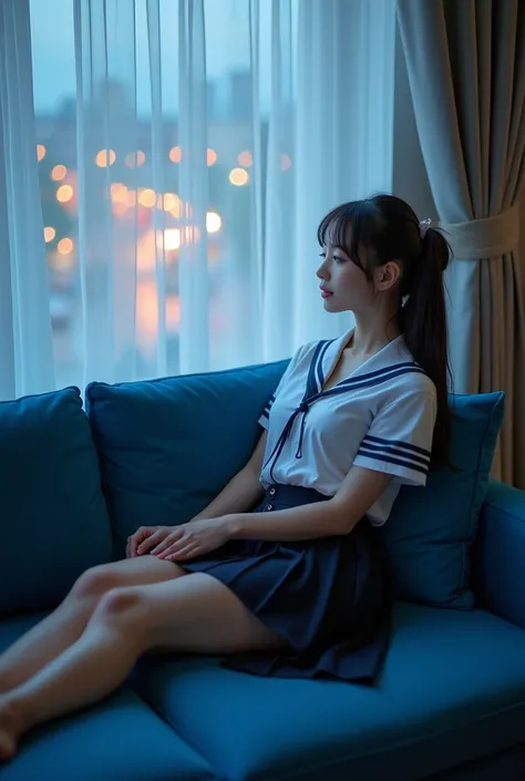 High-quality Realistic of thai woman, Beautiful girl (((large breast , big breast , nsfw))) , Best Quality, 1 thai girl in a school uniform sits on a bright blue sofa ,Spread your legs apart to the side.The sofa is surrounded by a White curtains, Looking o...