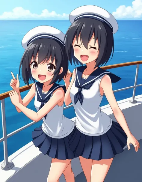 two 1 teenage anime girls in sleeveless navy colored sailor uniform, short navy skirt, exposed bare arms, on a ship, black haired. white sailors hat, navy uniform, happy and excited.

