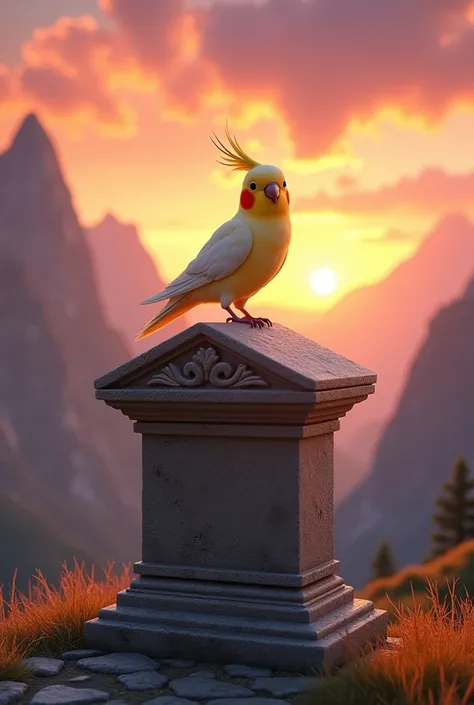 Create an image of a cinnamon lutino cockatiel, with a tomb with beautiful skies in a spectacular sunset in the mountains