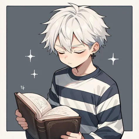 An anime character of a young boy with white hair with the tips of his hair stained blue, closed eyes with white eyelashes and fair skin holding a book in front of her wearing a striped shirt with black and white striped sleeves, black cross shaped earring...