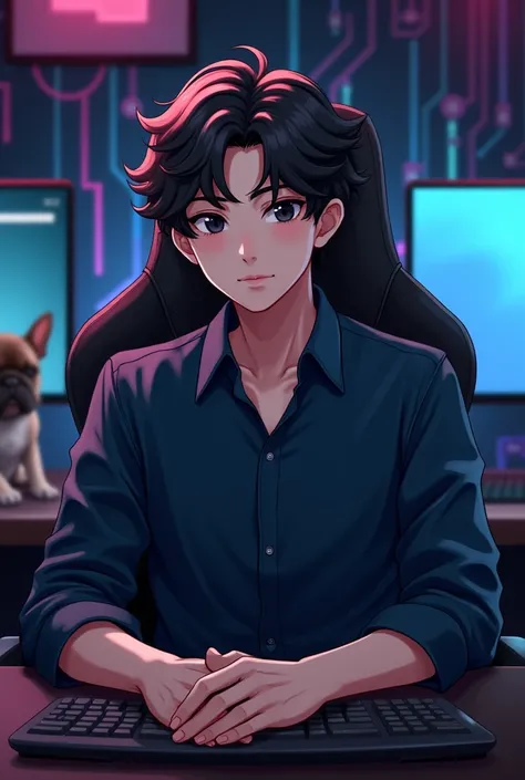 (masterpiece), (best quality:1.0), (ultra highres:1.0), detailed illustration, horizontal, detailed, young gentel, detailed beautiful skin, dressed in a cute dark blue shirt, sitting in a gaming chair in front of a desk with only boston terrier on the tabl...