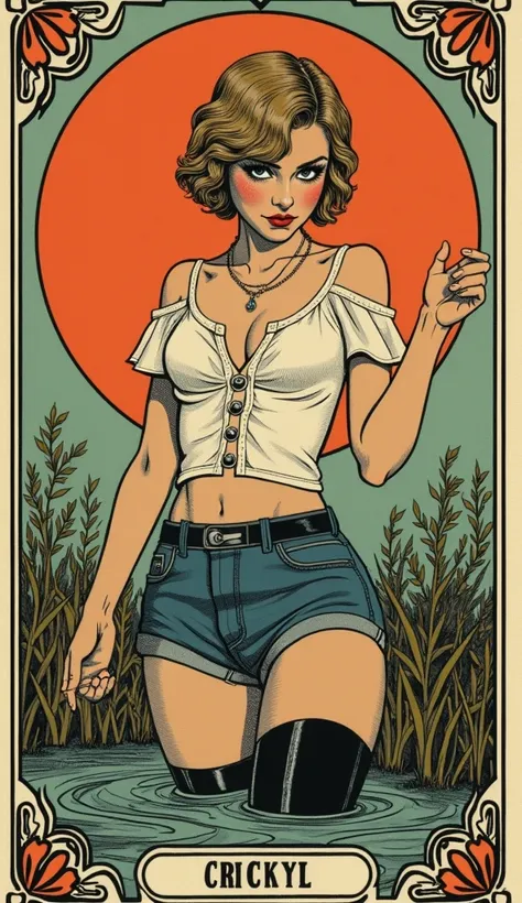 masterpiece, plain tarot aesthetics, masturbation humping, tarot plain vintage, drowning in bog, teenage seductive diva, tight flirt blouse, thigh-high boots, jeans, tease herself, languid posing,short haircut, brunette|blond, freckles, vintage aesthetics ...