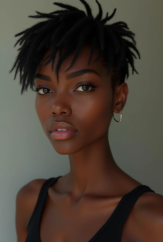 1 woman, black, slender, well-built adult woman, with dark skin, thin, pink lips, brown eyes and short, messy black hair.