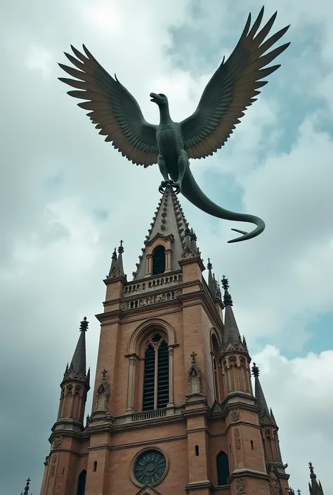 A Catholic church of Saint Pterodactyl, a saint in the form of a pterodactyl, in a statue at the top of the tower of a church in Verona