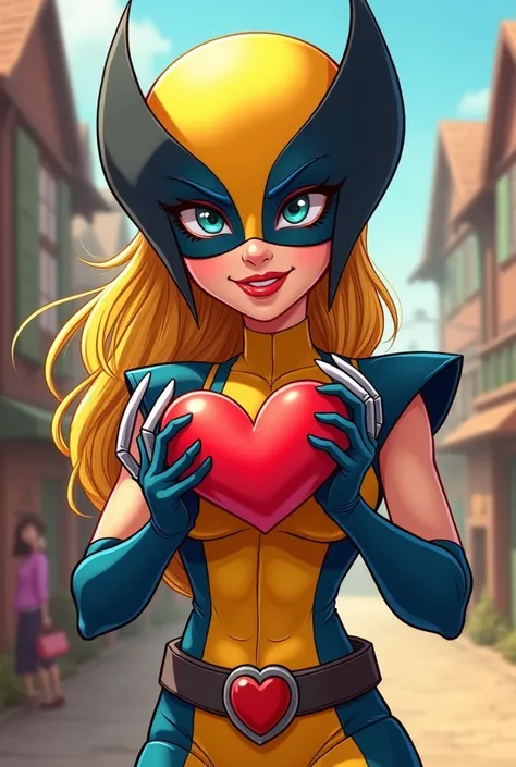 A blonde woman in a wolverine costume cartoon holding a heart 