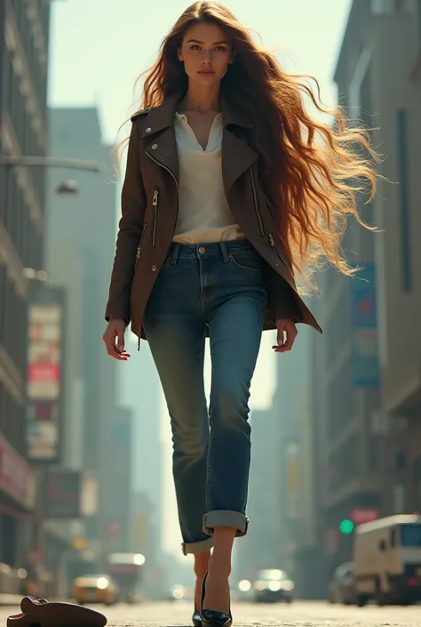 A beautiful woman, 3, long brown hair, brown jacket, blue jeans, black pumps, giantess, lifting her right foot, pov shot, bright pumps sole, full body shot 