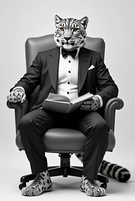 Full body snow leopard in a suit or tuxedo with a book in hand and sitting on an office chair without background already black and white for printing 