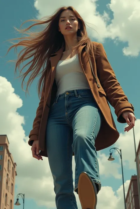 A beautiful woman, 3, long brown hair, brown jacket, blue jeans, black pumps, giantess, lifting her right foot, pov shot, bright pumps sole, full body shot 