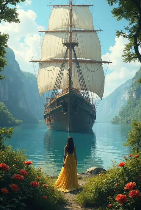 A very large boat and a woman at the front of the boat on a lake with a wooded landscape full of many flowers that can be seen all in front
