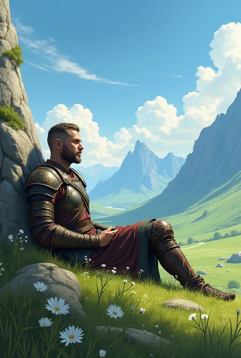 create an image of a warrior with his back resting on a plain with a beautiful landscape 