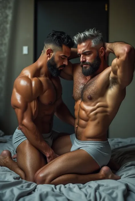 Two muscular bodybuilder, really really hairy chest, man with dark short silver hair, wearing only worn grey tight underwear showing gigantic bulge, shirtless, with massive hairy pecs, really hairy armpits, heavily wet skin, big arms, massive trapezium mus...