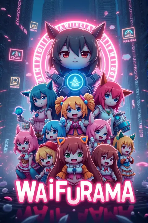 a graphic designed poster for an anime toy brand called waifurama with the name "waifurama" printed on it,