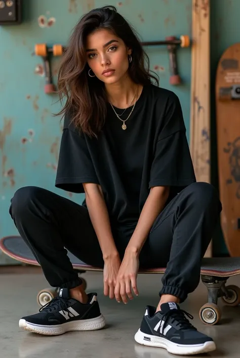 A young Latina woman in a stylish, white oversized black t-shirt (68 cm long, 69 cm wide, 27 cm sleeves, 22 cm from neck to sleeve), paired with New Balance sneakers. She poses dynamically while sitting, with skateboard elements in the background, capturin...